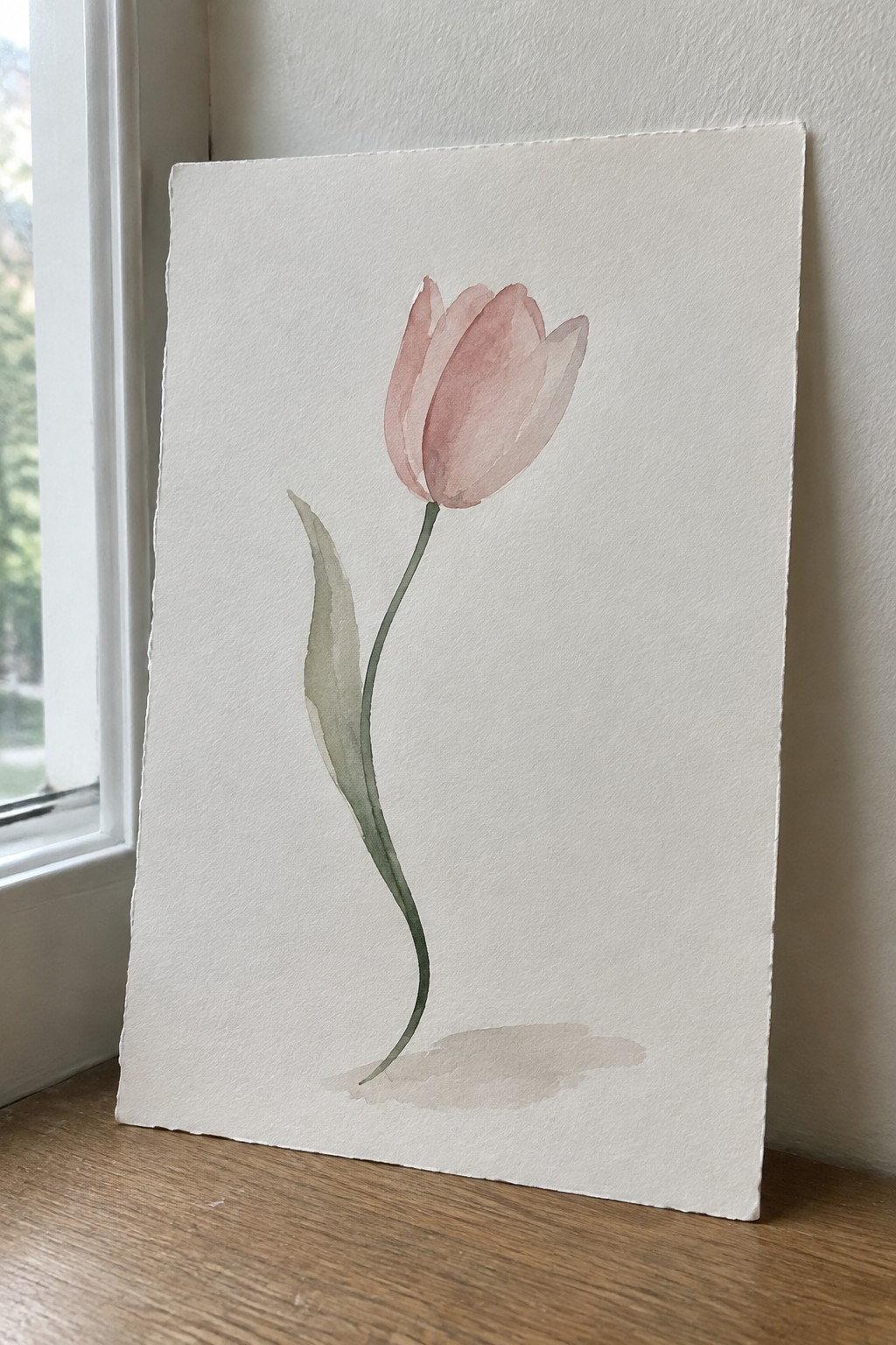Watercolor of a pink tulip with green stem on white paper by window