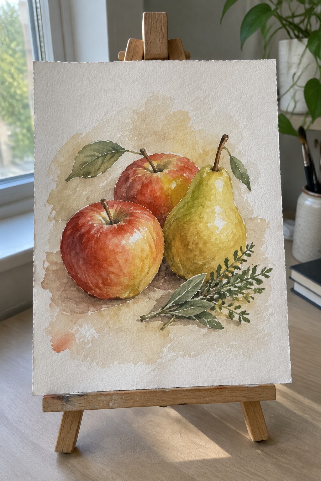 Watercolor still life of two red apples, yellow pear, and herbs on easel