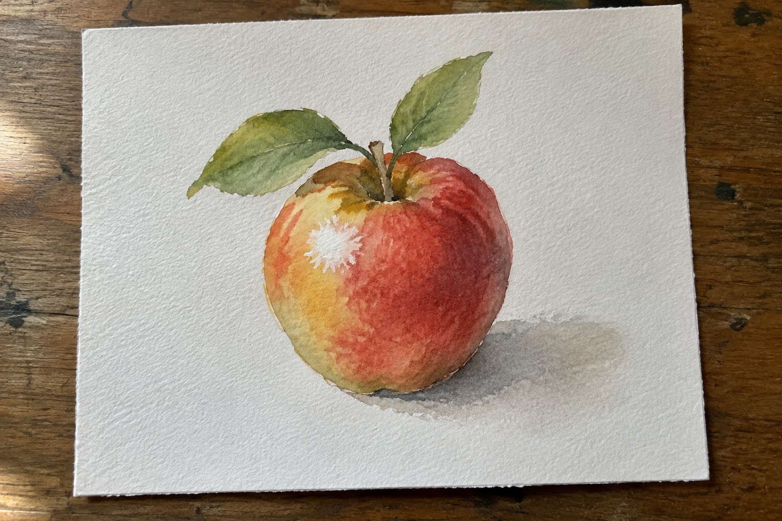 Watercolor painting of red-yellow apple with green leaves and stem on white paper