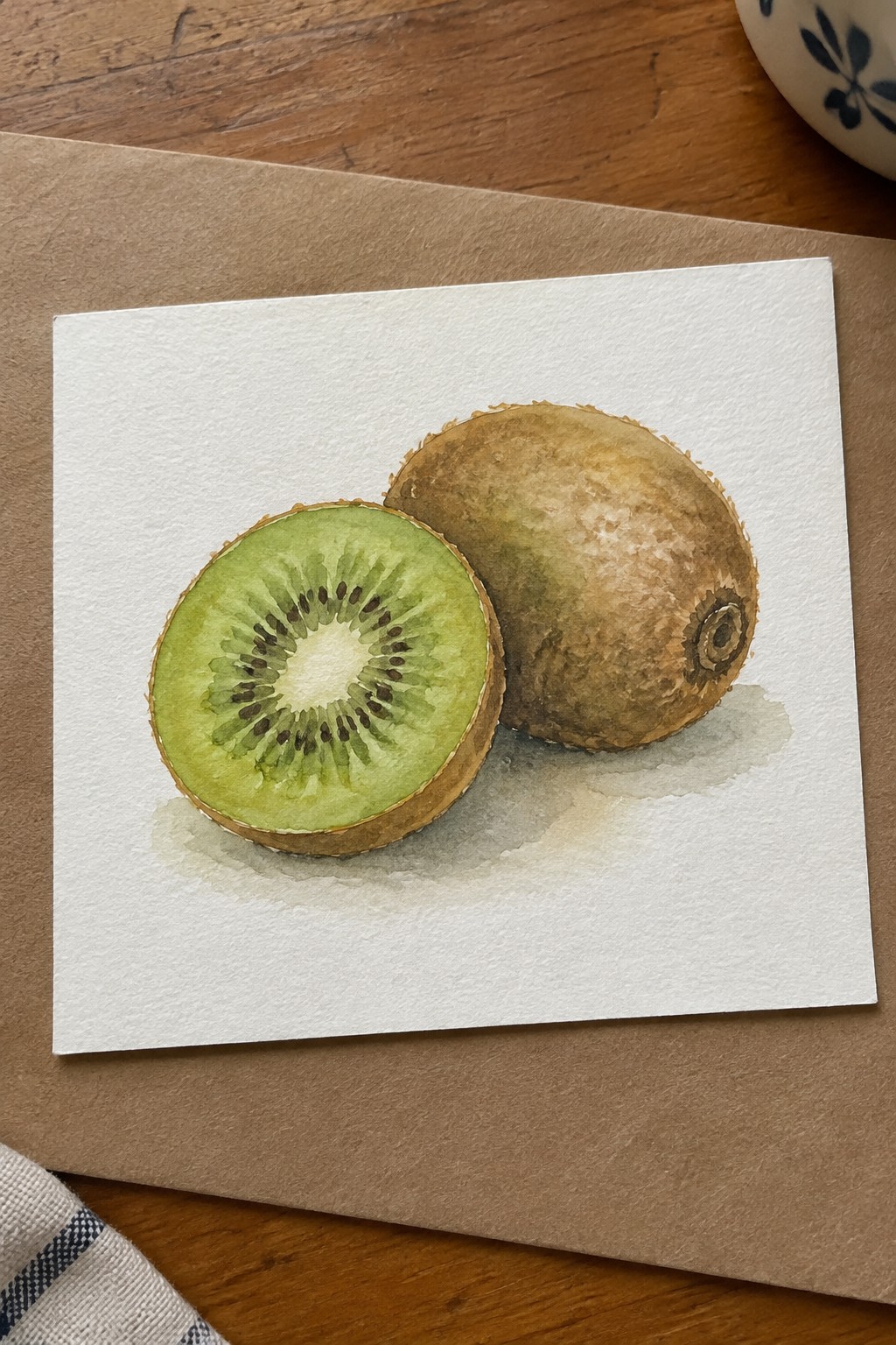 Watercolor painting of sliced green kiwi beside whole fuzzy brown kiwi on paper