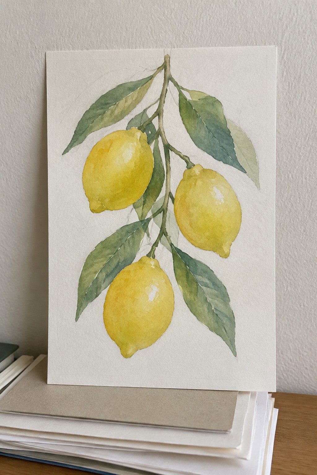 Watercolor painting of three yellow lemons on a leafy branch.