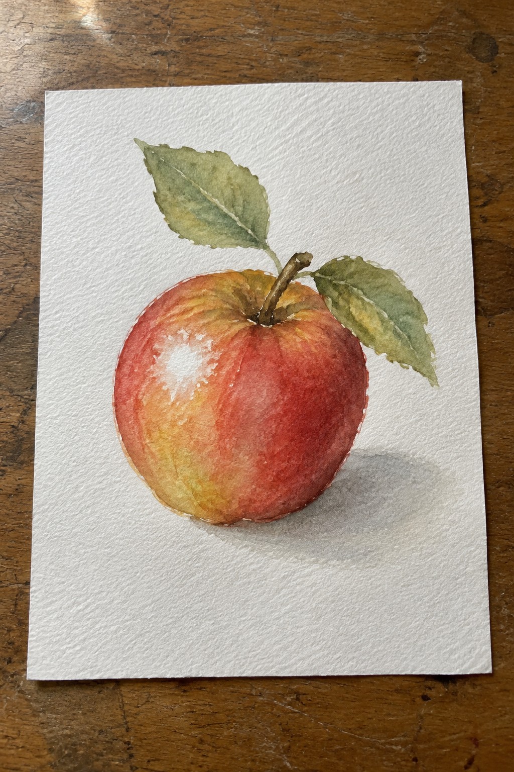 Watercolor painting of red-yellow apple with green leaves and stem on white paper