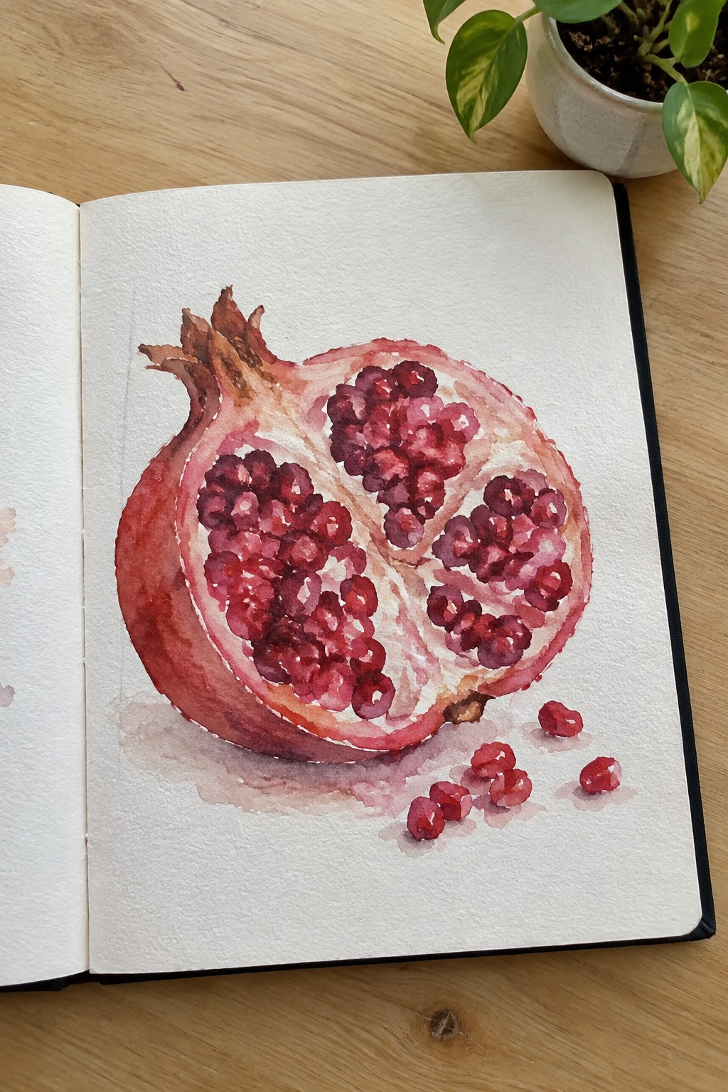 Watercolor of halved pomegranate with red seeds in open sketchbook on wood