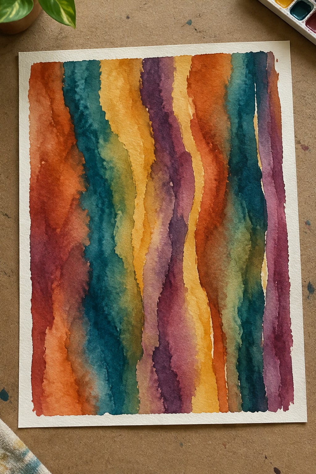 Abstract watercolor with wavy vertical rainbow stripes blending on white paper