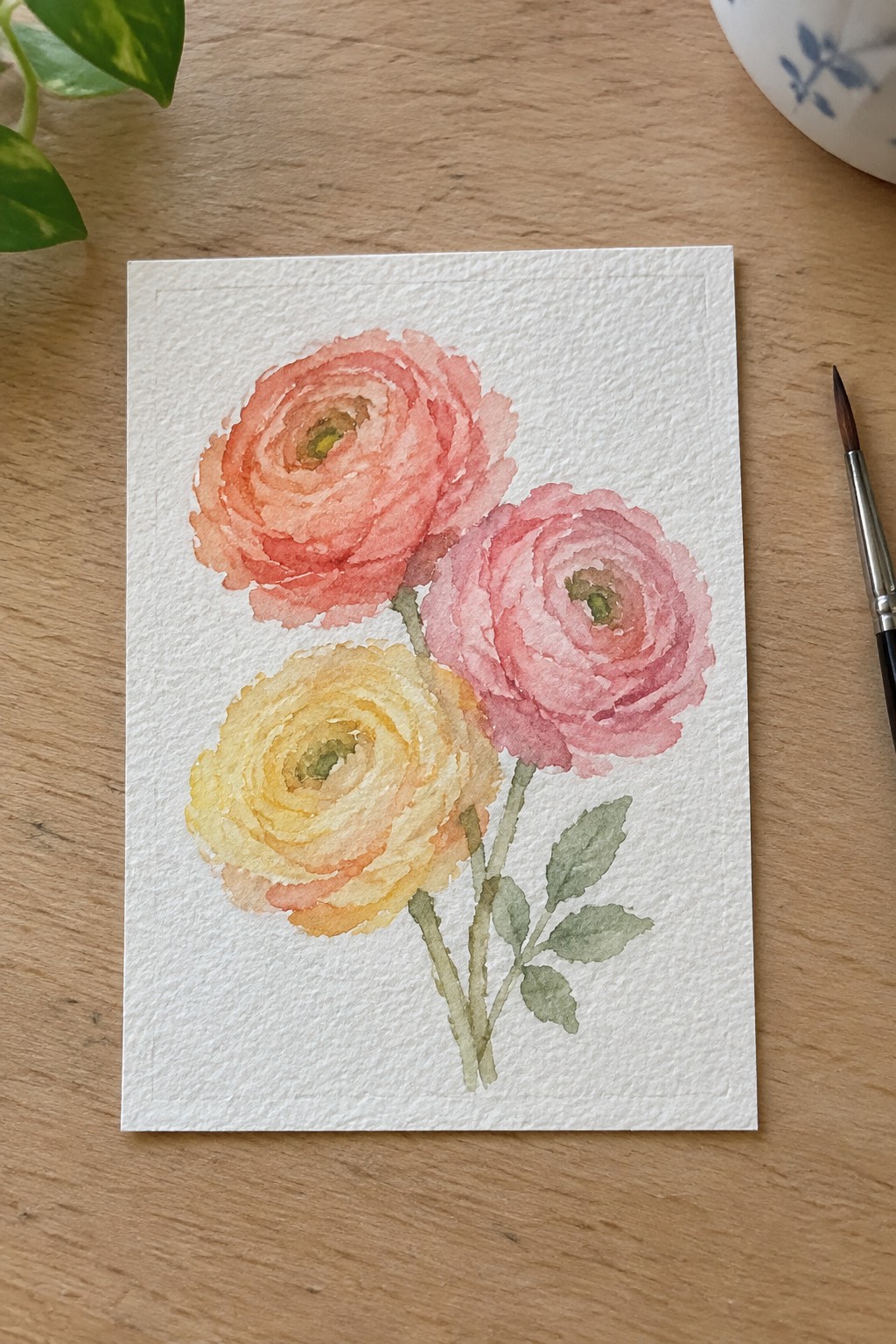 Watercolor of three ranunculus flowers in pink, orange, and yellow on paper with paintbrush