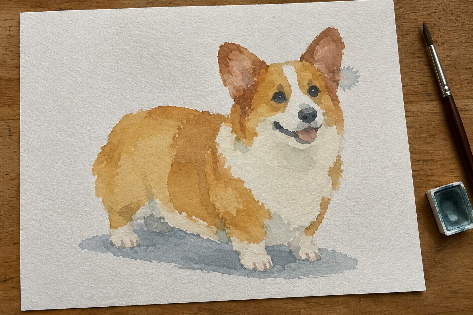 Watercolor painting of a smiling corgi on white paper with paintbrush nearby