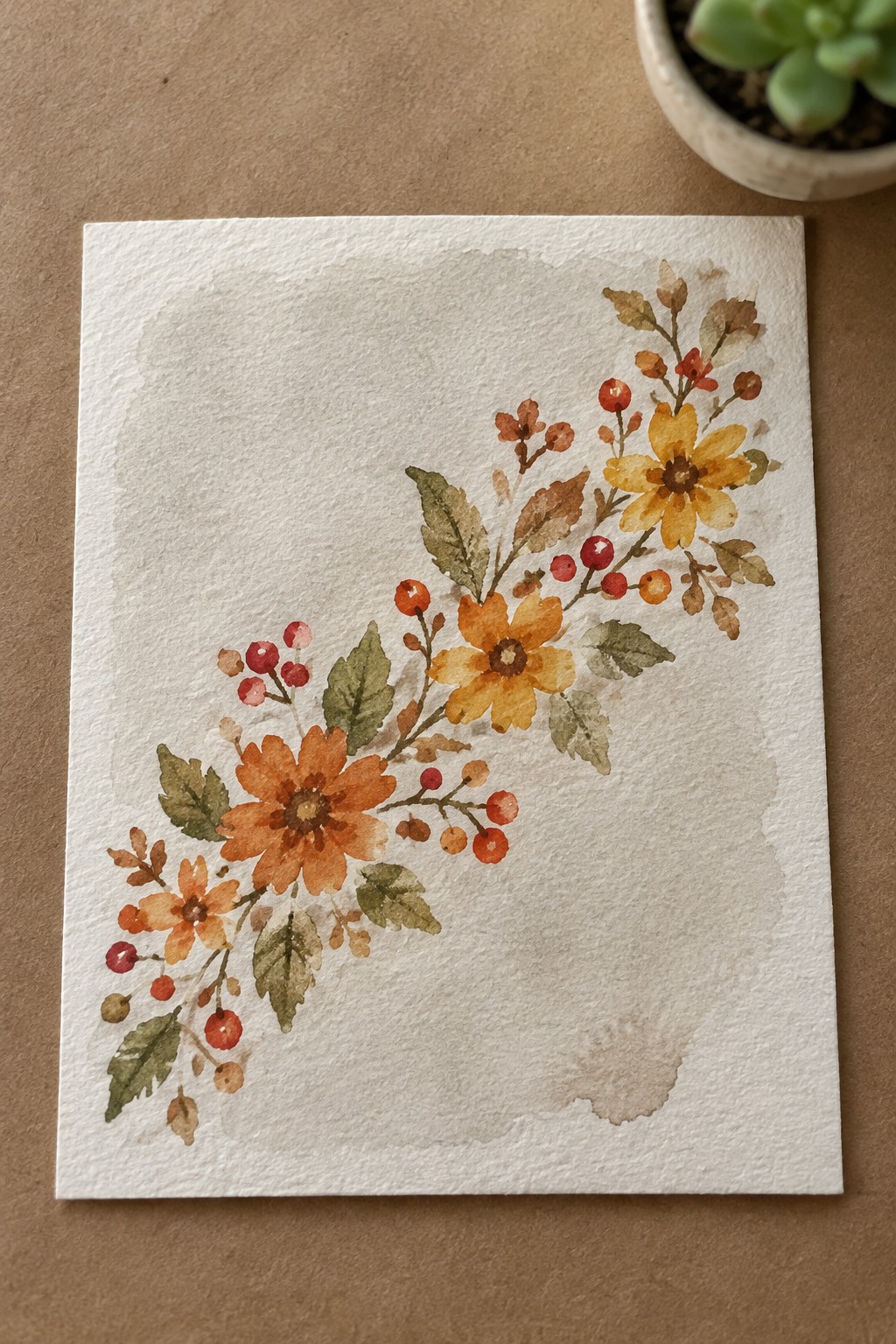 Watercolor autumn flowers with orange blooms, red berries, and leaves on white paper