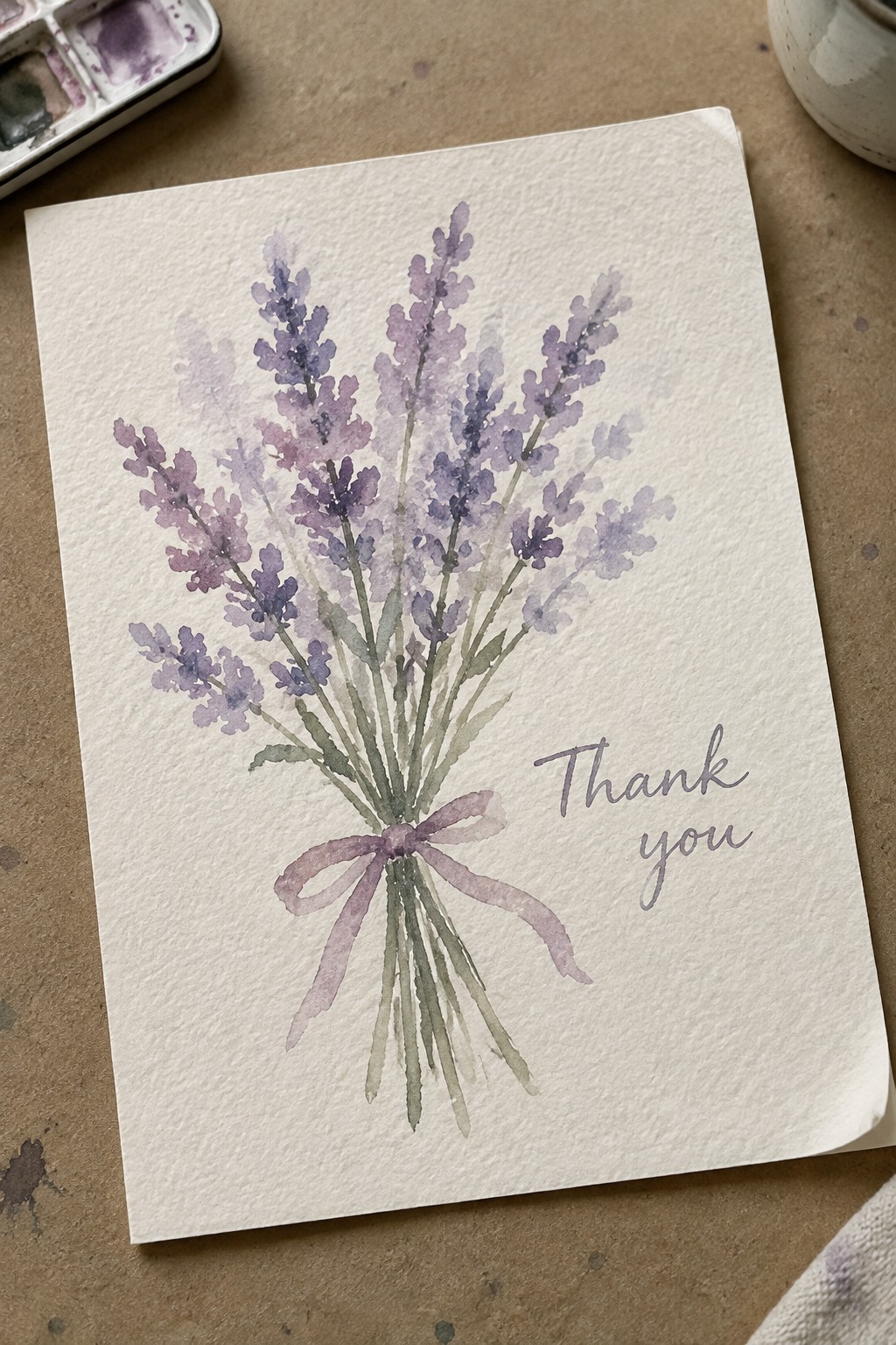 A watercolor painting of purple lavender stems tied with a ribbon and the words 