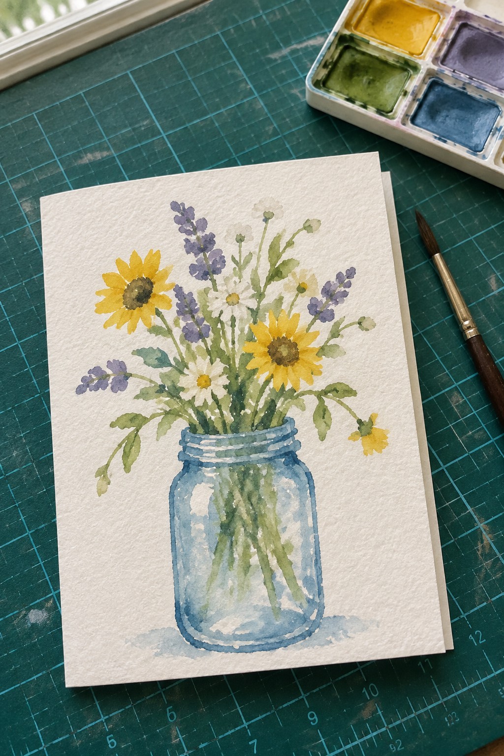 Watercolor of yellow sunflowers, white daisies, and purple lavender in a blue mason jar