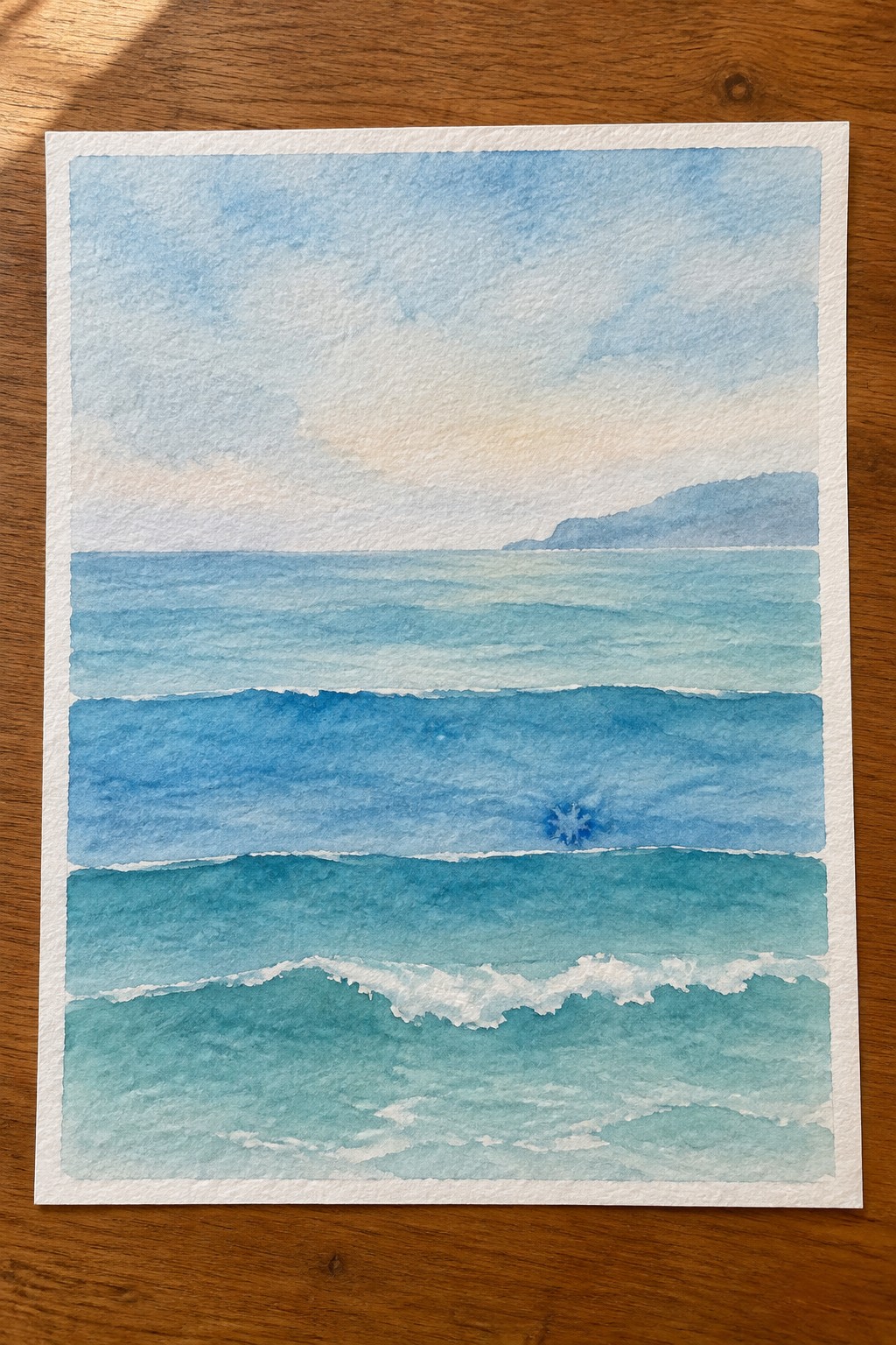 Watercolor seascape with layered blue waves, white foam, distant hills, and soft sky