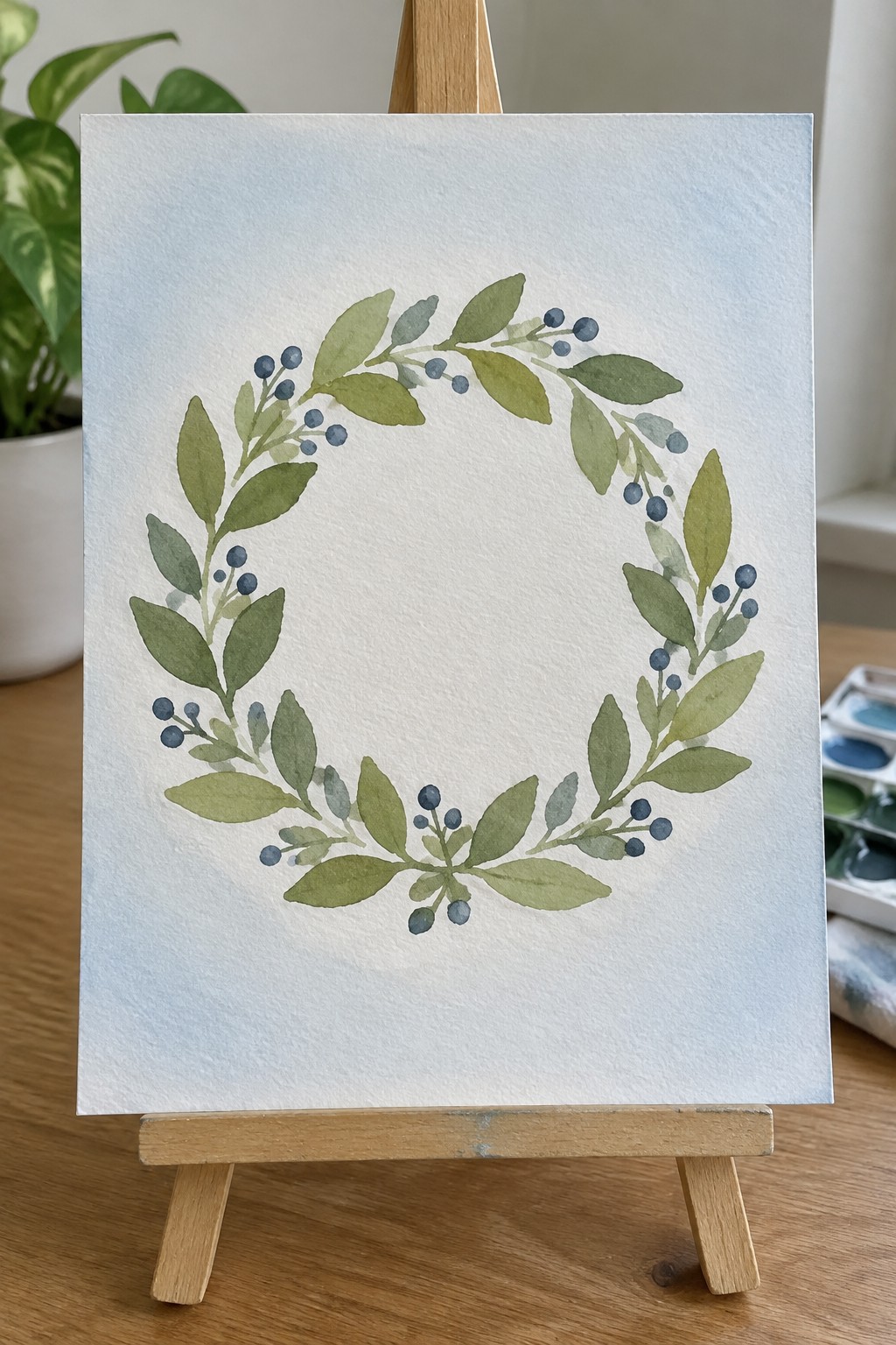 Watercolor wreath of green leaves and blue berries on wooden easel