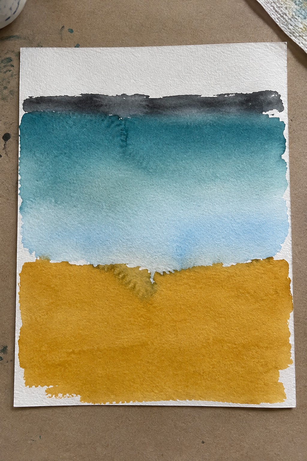 Watercolor painting with black, teal, blue gradient, and yellow horizontal washes on paper