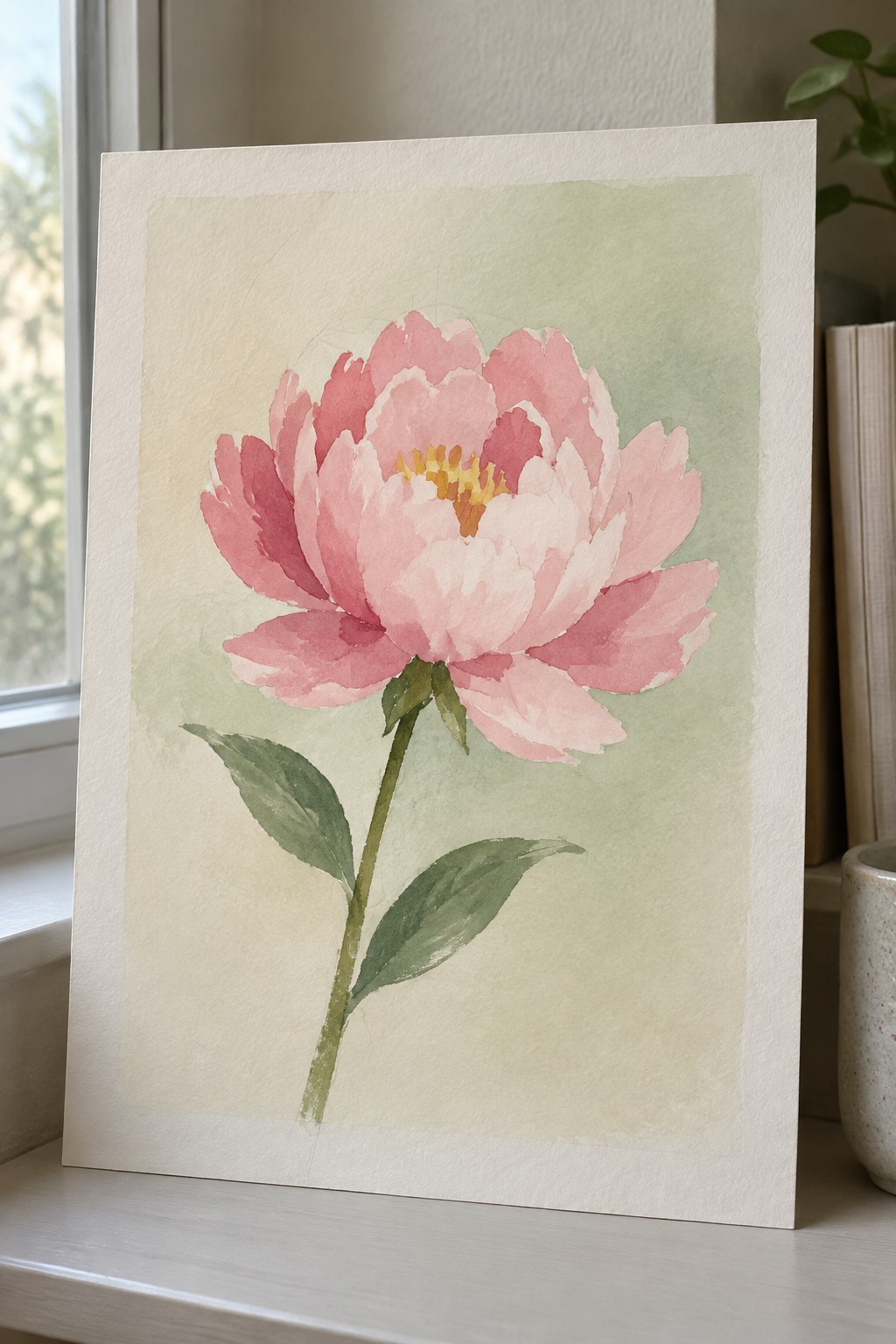 Watercolor painting of pink peony with green stem on soft green background