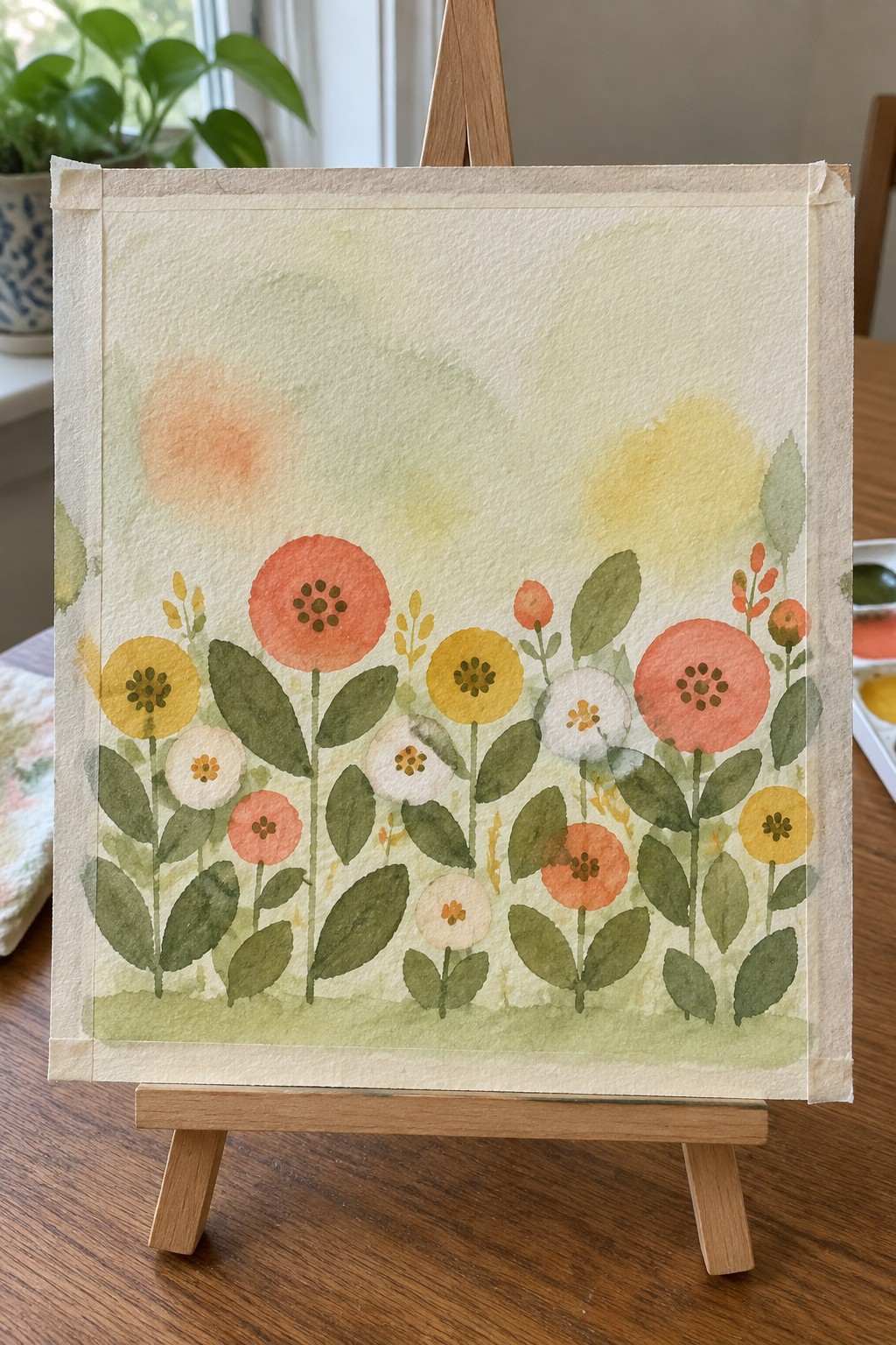 Watercolor painting of colorful flowers with red, yellow, and white blooms on a wooden easel.