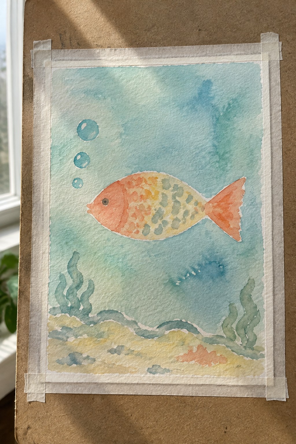 Watercolor painting of colorful fish in turquoise water with bubbles, seaweed, and sandy seabed