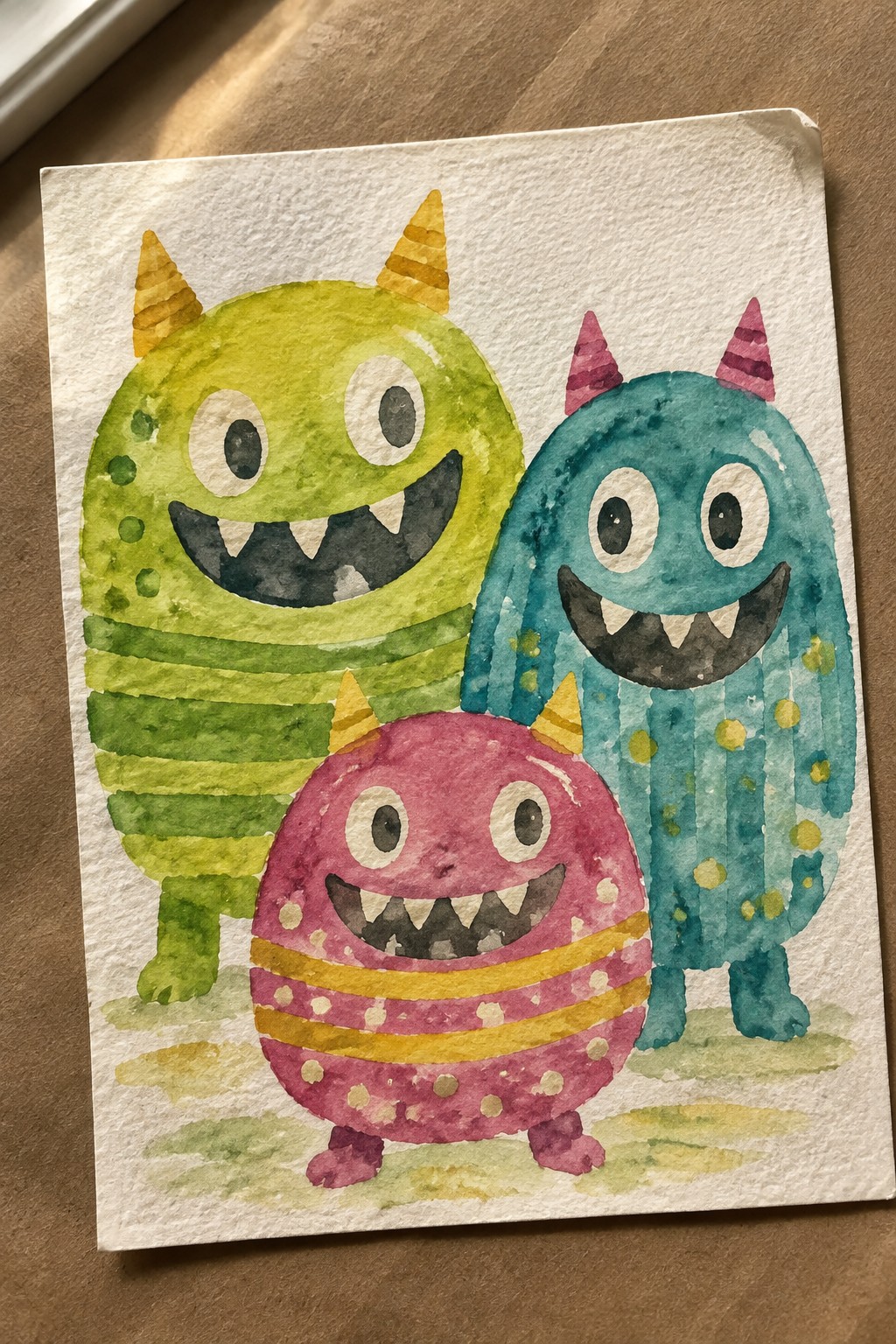 A watercolor painting of three cute monsters side by side on white paper: a large green striped monster with yellow horns, a blue striped monster with pink horns, and a small round pink monster with yellow horns.