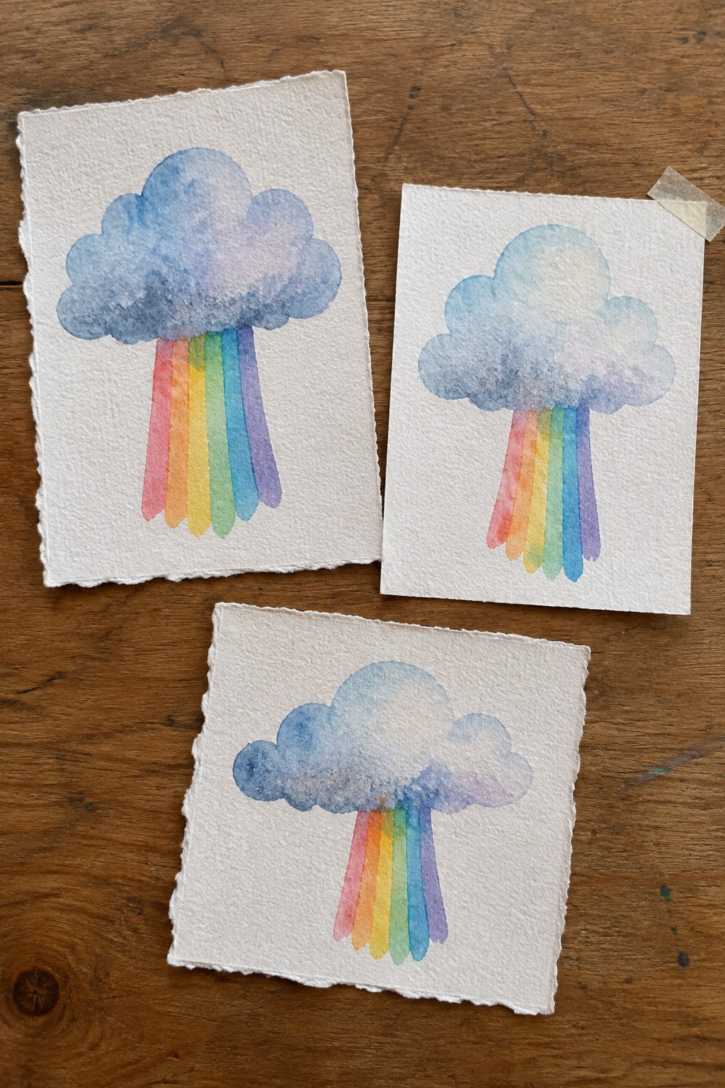 Three watercolor paintings of blue clouds with rainbow stripes falling below them on white paper.