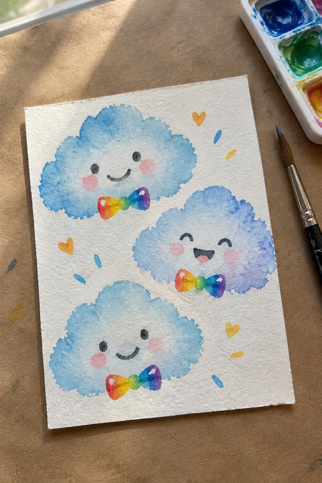 Three blue watercolor clouds with smiling faces, rainbow bow ties, and small hearts around them on white paper.