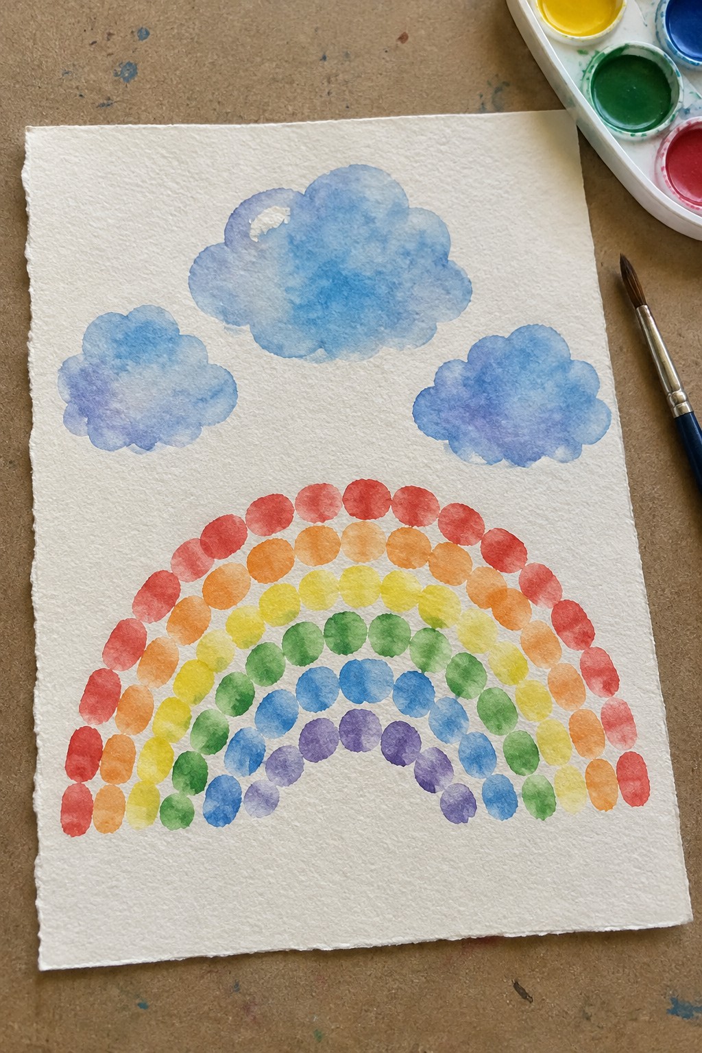 Watercolor dotted rainbow arch with blue clouds beside paint palette and brush on paper