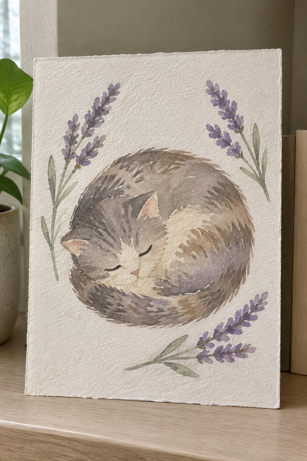 Watercolor of sleeping cat curled in a ball with lavender sprigs on paper