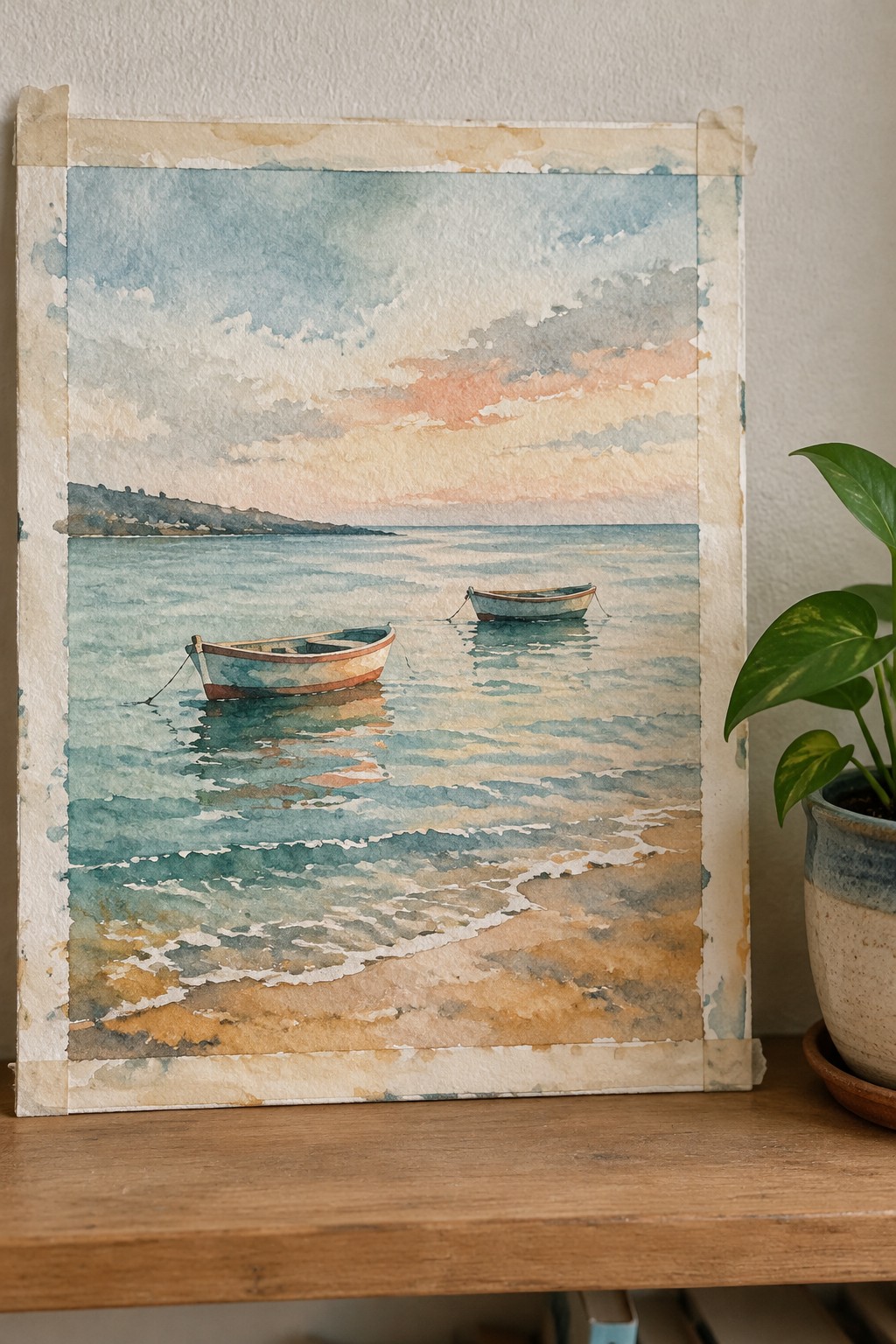 Watercolor painting of two boats on calm sea with pink sunset sky and sandy beach