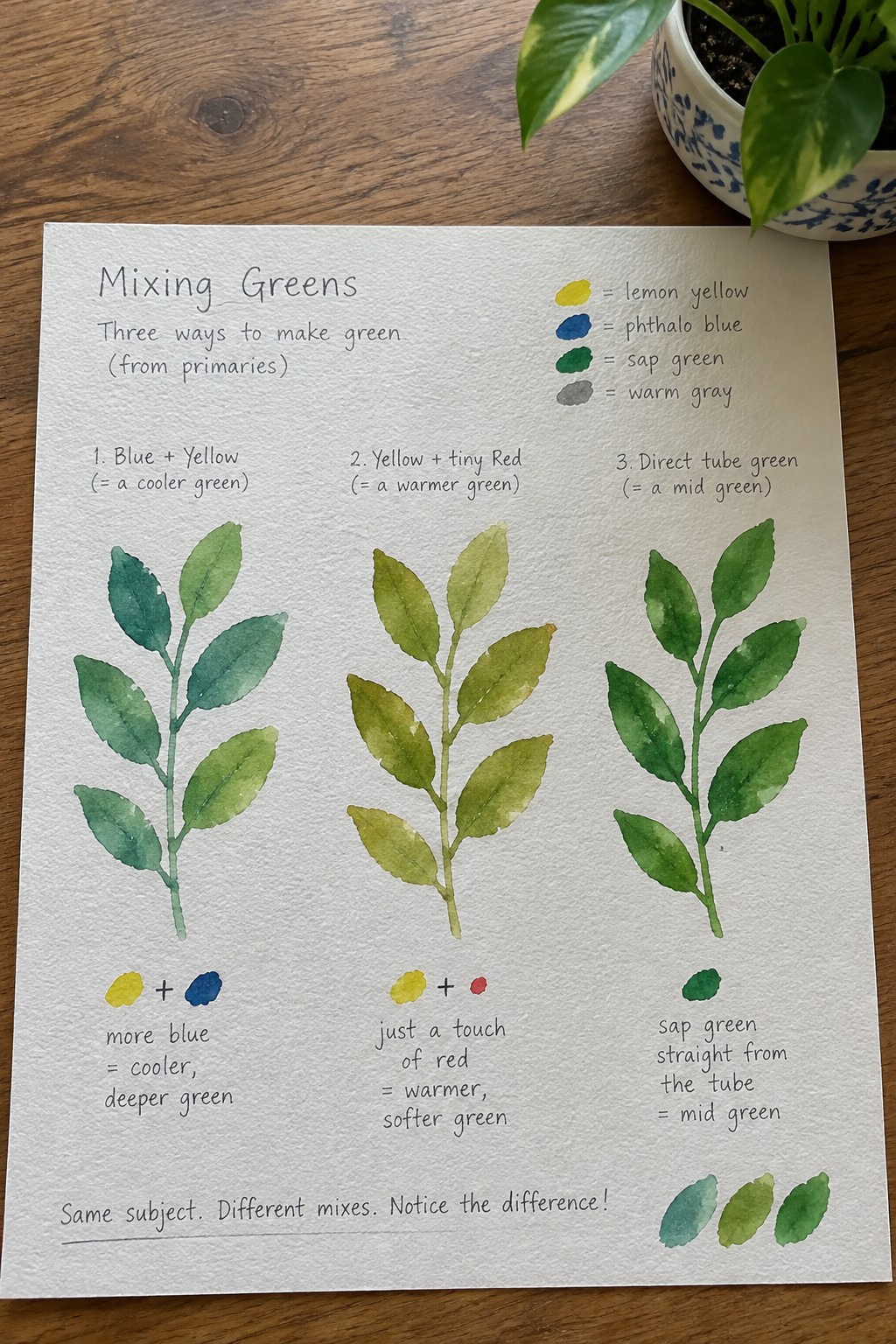 Watercolor page showing three green-mixing techniques with painted leafy branches and labels.