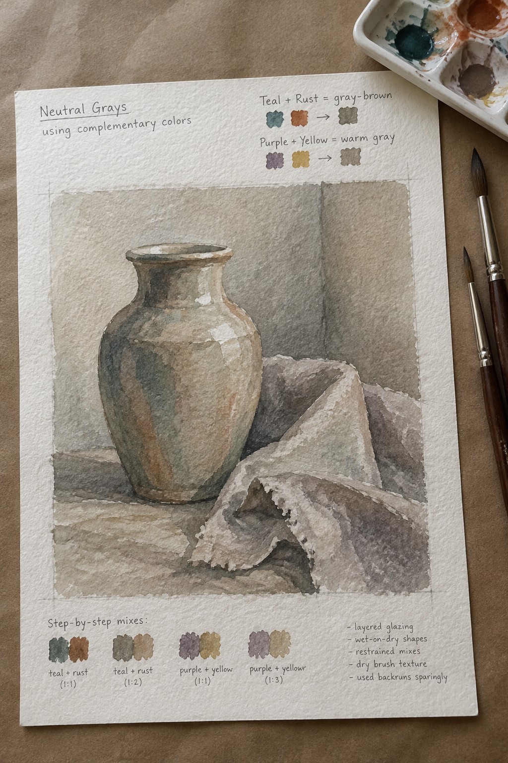 Watercolor still life of vase and draped fabric with complementary color mixing charts