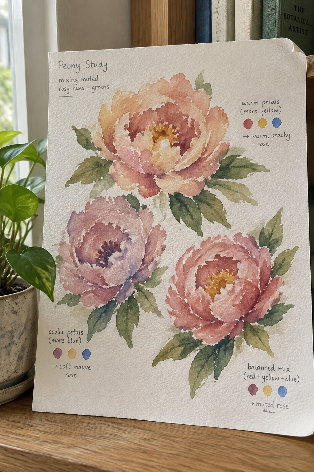 Watercolor peony study with three flowers in warm peachy, mauve, and rose hues