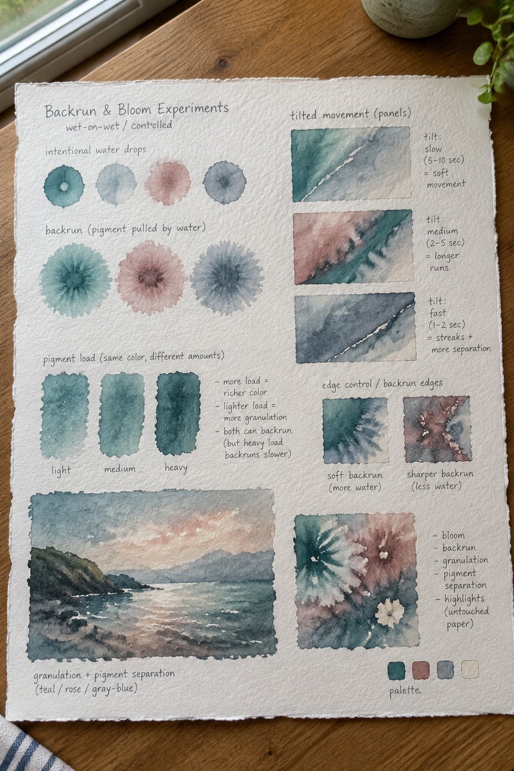 Watercolor sketchbook page with backrun bloom experiments, swatches, and landscape in teal rose.