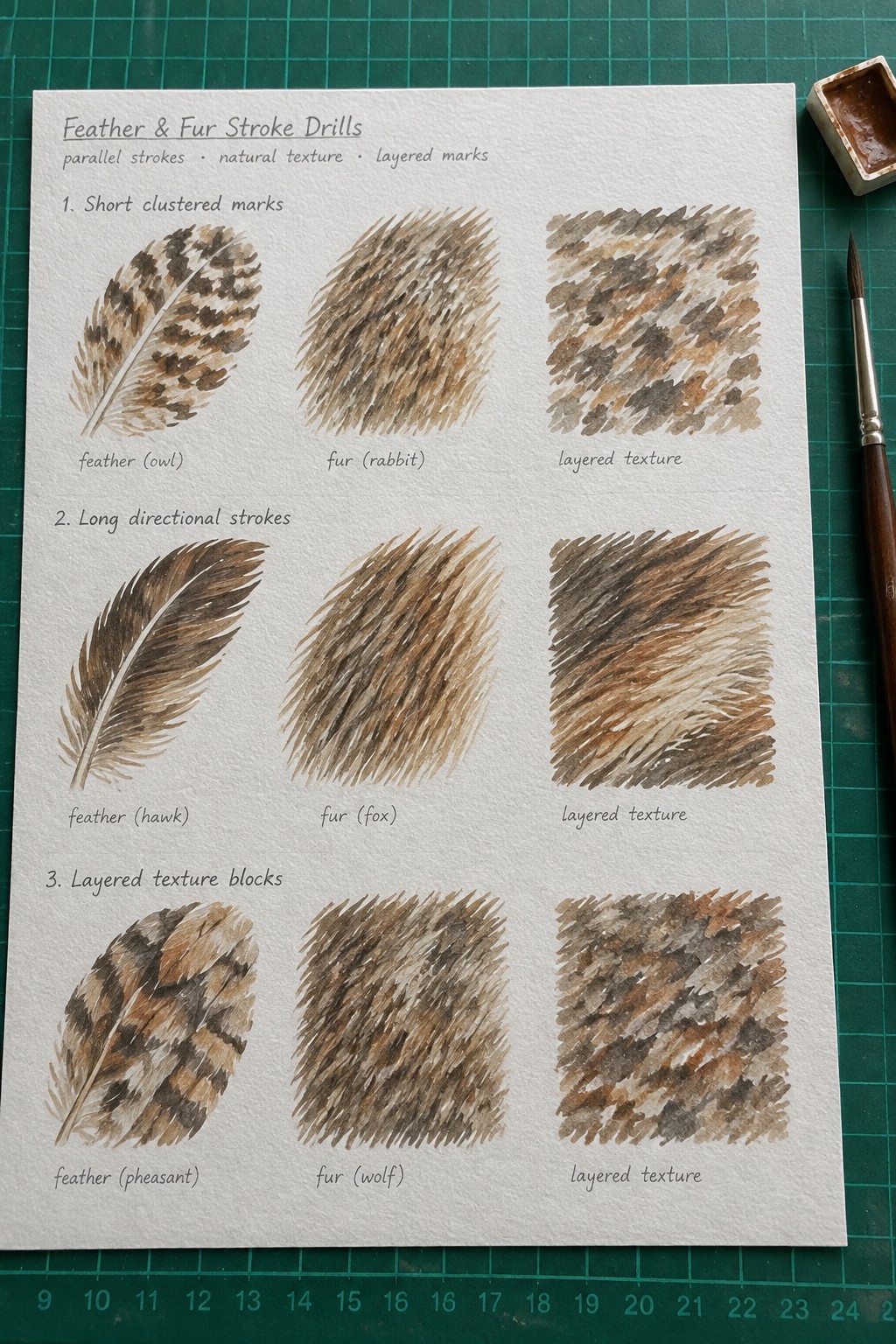Watercolor page titled Feather & Fur Stroke Drills with labeled texture examples.