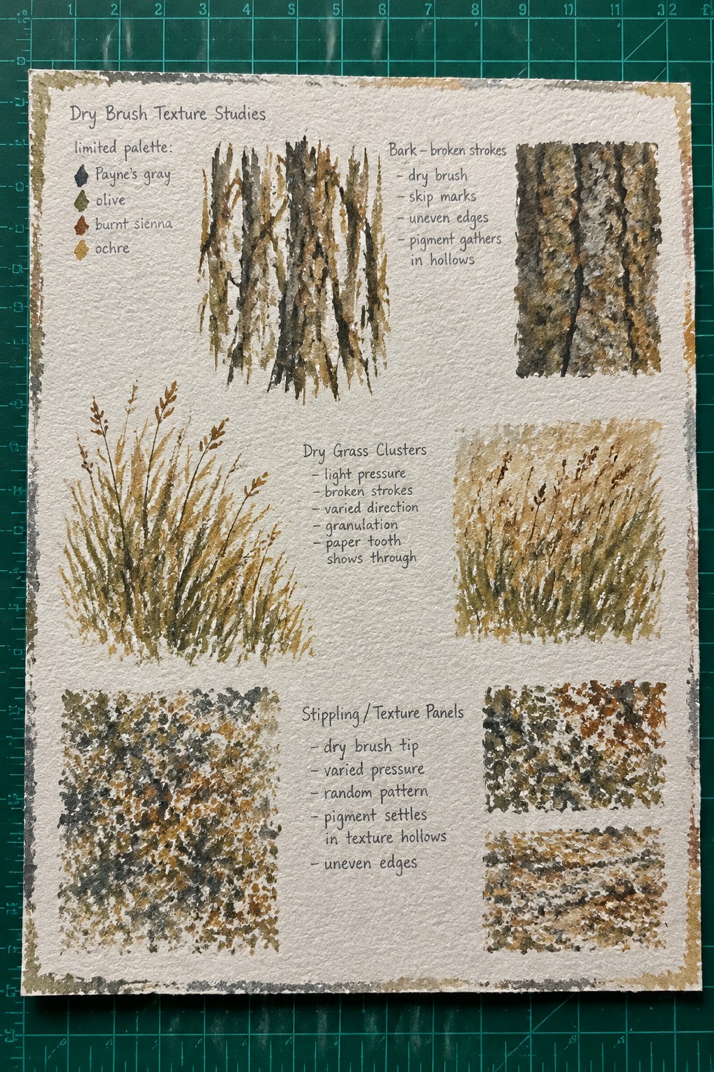 Watercolor study page titled Dry Brush Texture Studies showing examples of bark, dry grass clusters, and stippling panels painted with Payne's gray, olive, burnt sienna, and ochre on a green cutting mat.