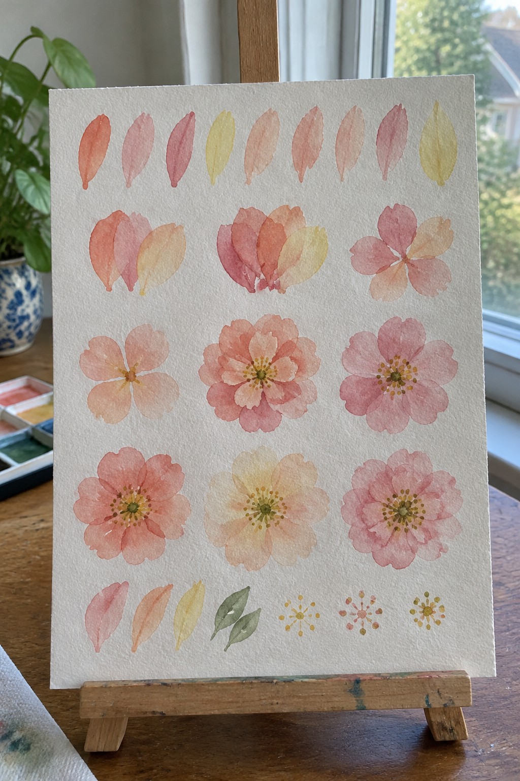 Watercolor painting of pink peach flowers, petals, and leaves on white paper.