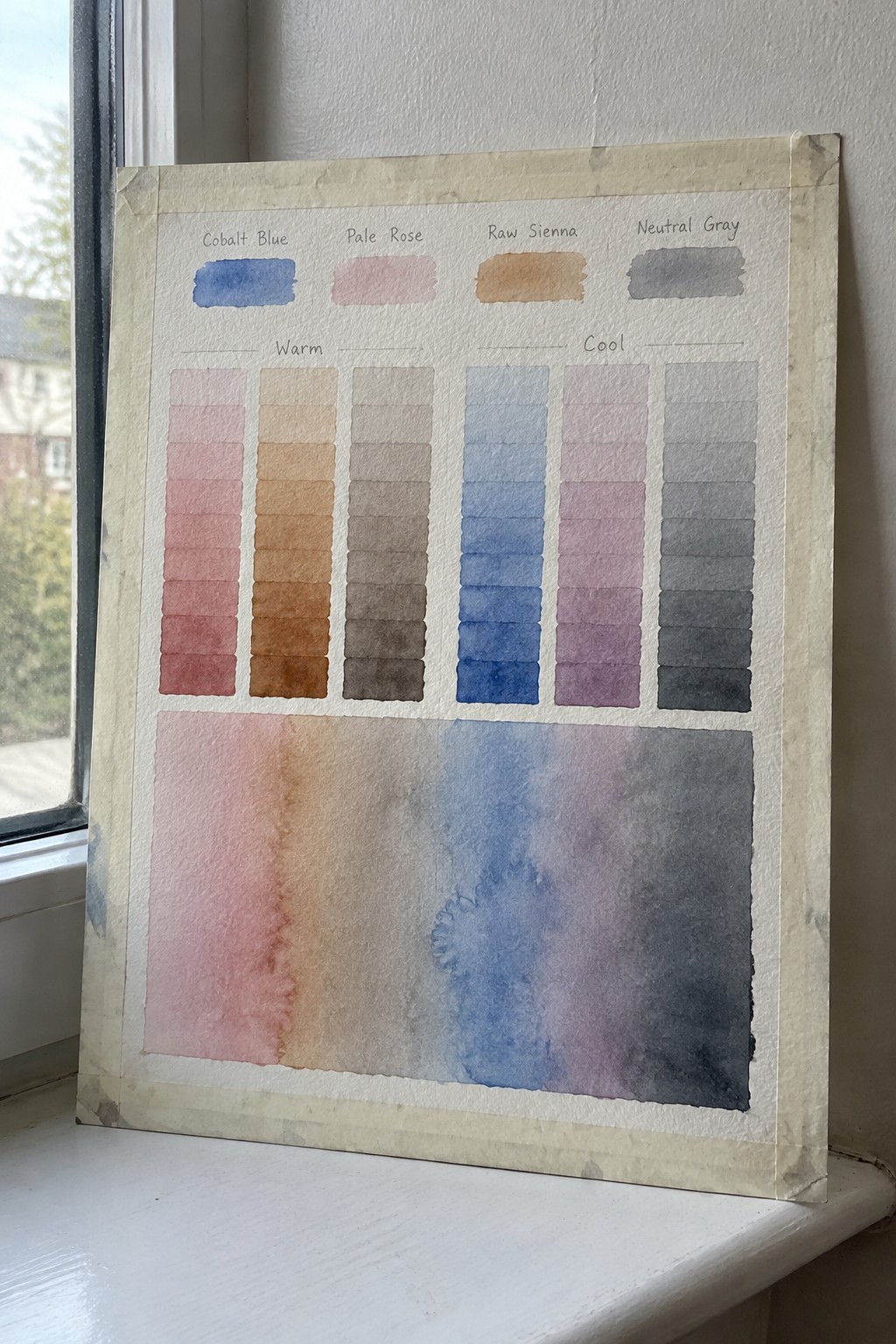 Watercolor chart taped to window with warm cool color gradients and blended wash