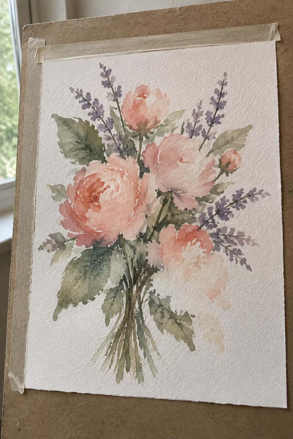 Watercolor bouquet of pink peonies, purple lavender sprigs, and green leaves on paper