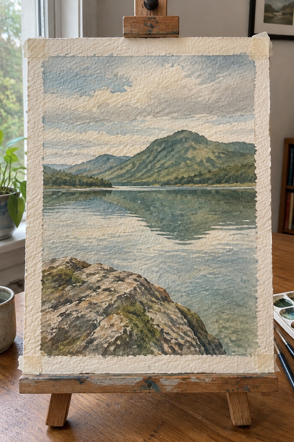 Watercolor painting of mountain lake landscape with rocky foreground on wooden easel