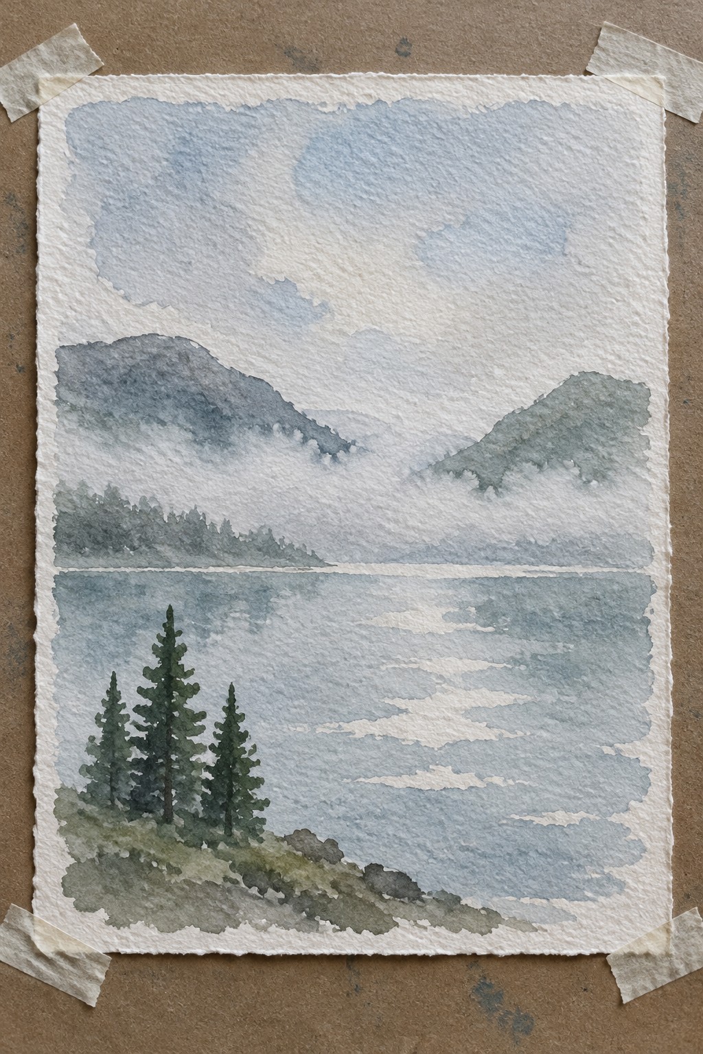 Watercolor landscape of misty mountains reflected in calm lake with pine trees foreground