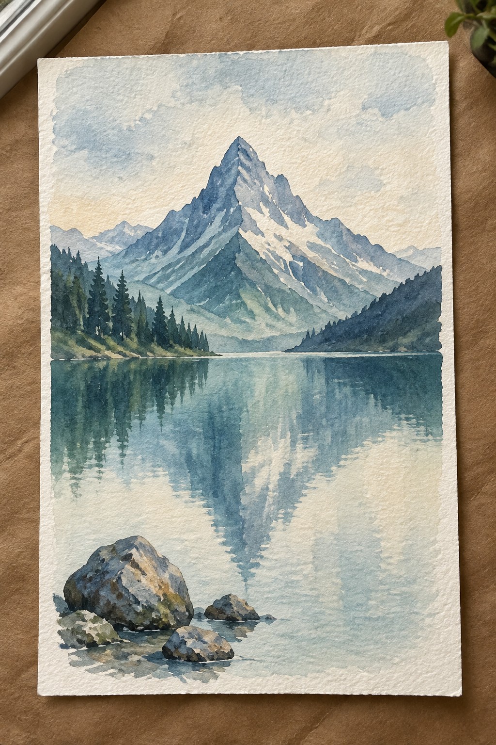 Watercolor painting of a mountain reflected in a lake with rocks in the foreground and trees along the shores.