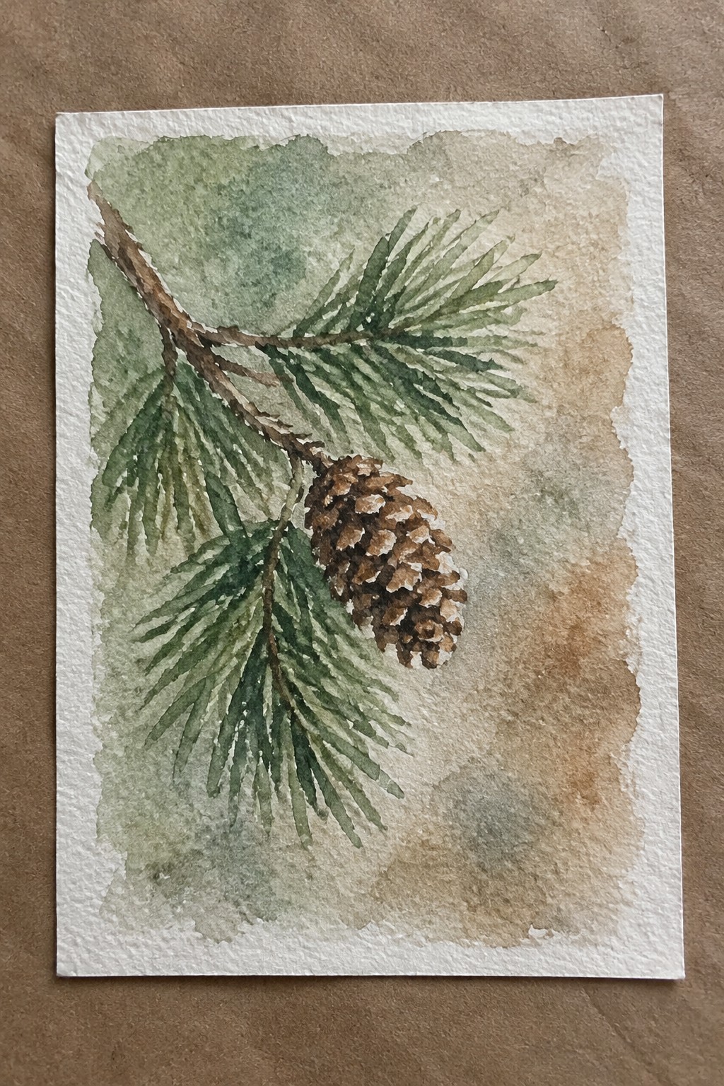Watercolor painting of pine branch with green needles and brown pinecone on paper