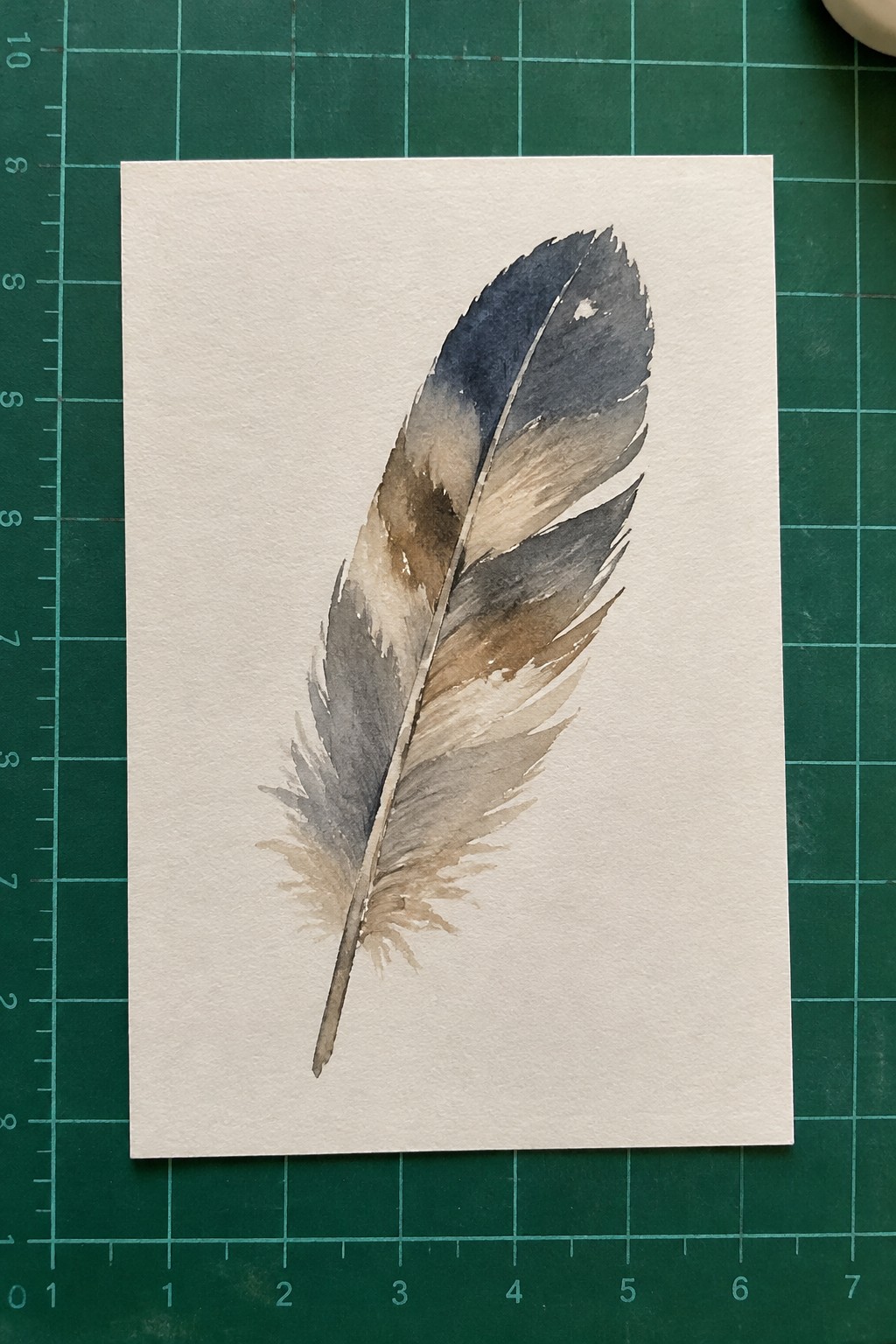 Watercolor feather in blue, brown, and gray tones on white paper over green mat