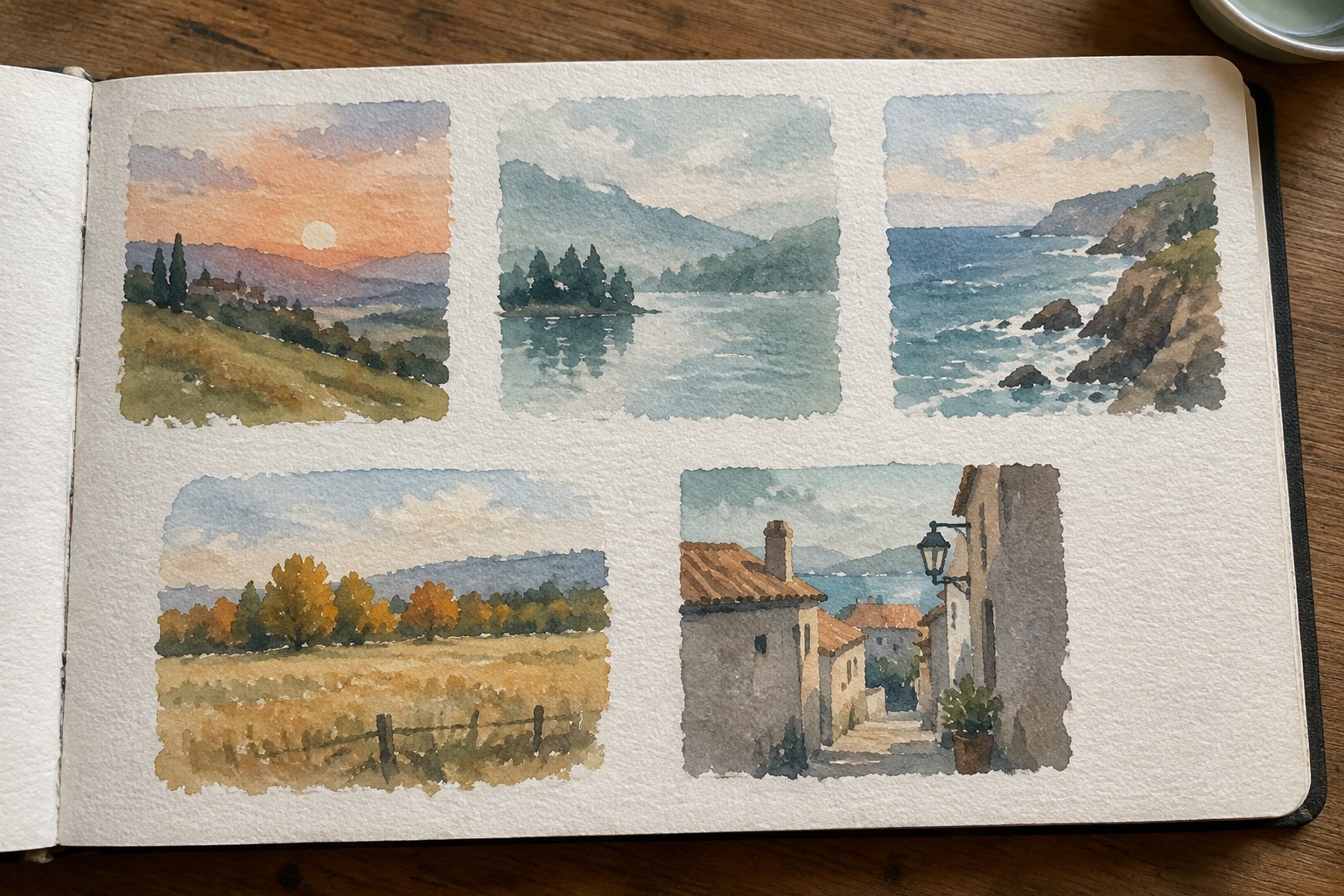 Open sketchbook with five watercolors: sunset hills, misty lake, rocky coast, autumn field, village street.