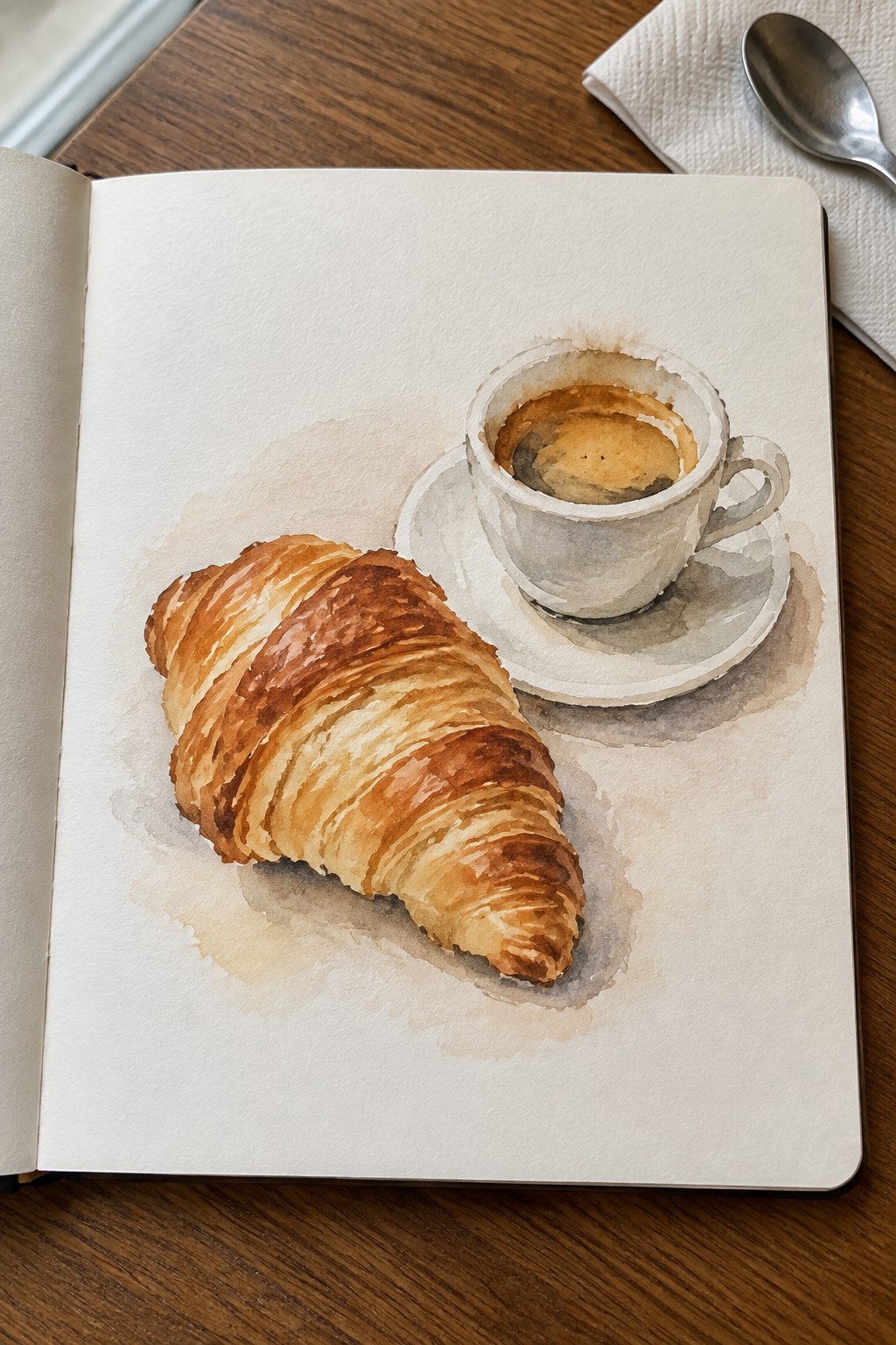 Watercolor painting of flaky croissant and coffee cup in open sketchbook on wooden table.