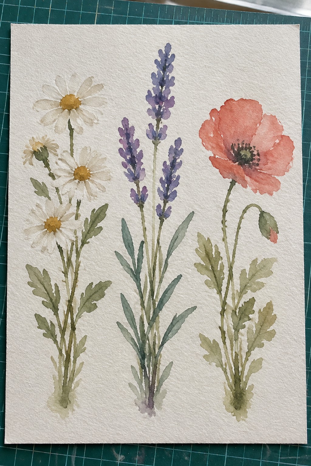 Watercolor painting of white daisies, purple lavender spikes, and red poppy.