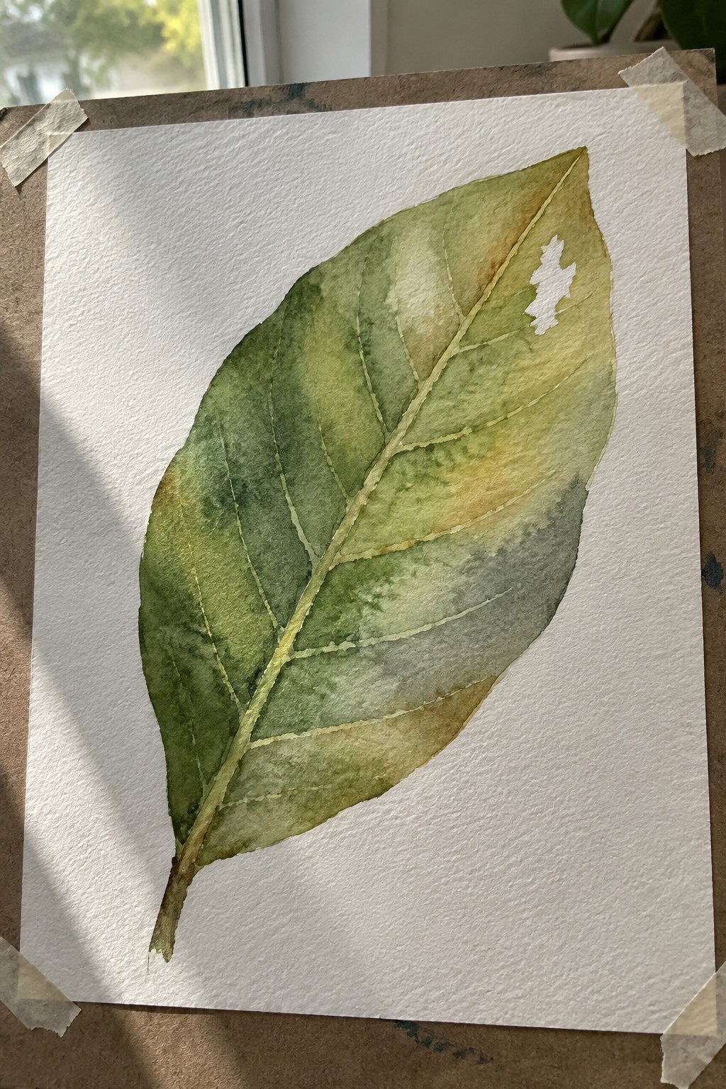 Watercolor painting of green and yellow leaf with veins on taped white paper