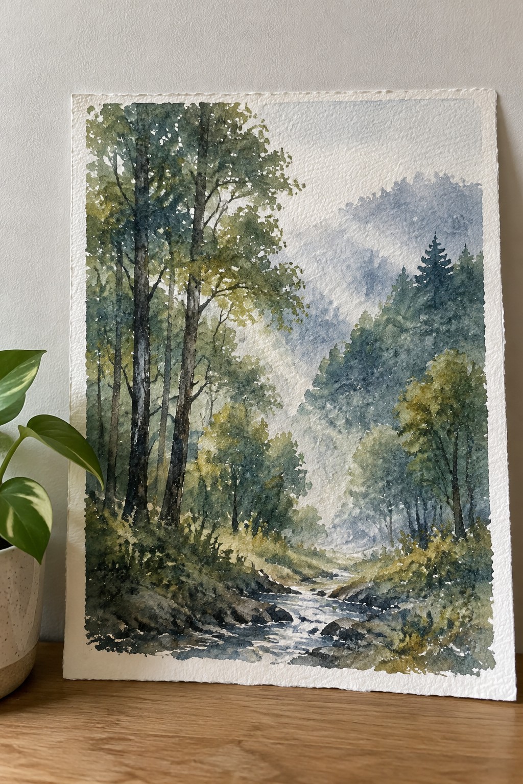 Watercolor painting of misty forest stream with tall trees rocks and foliage beside plant