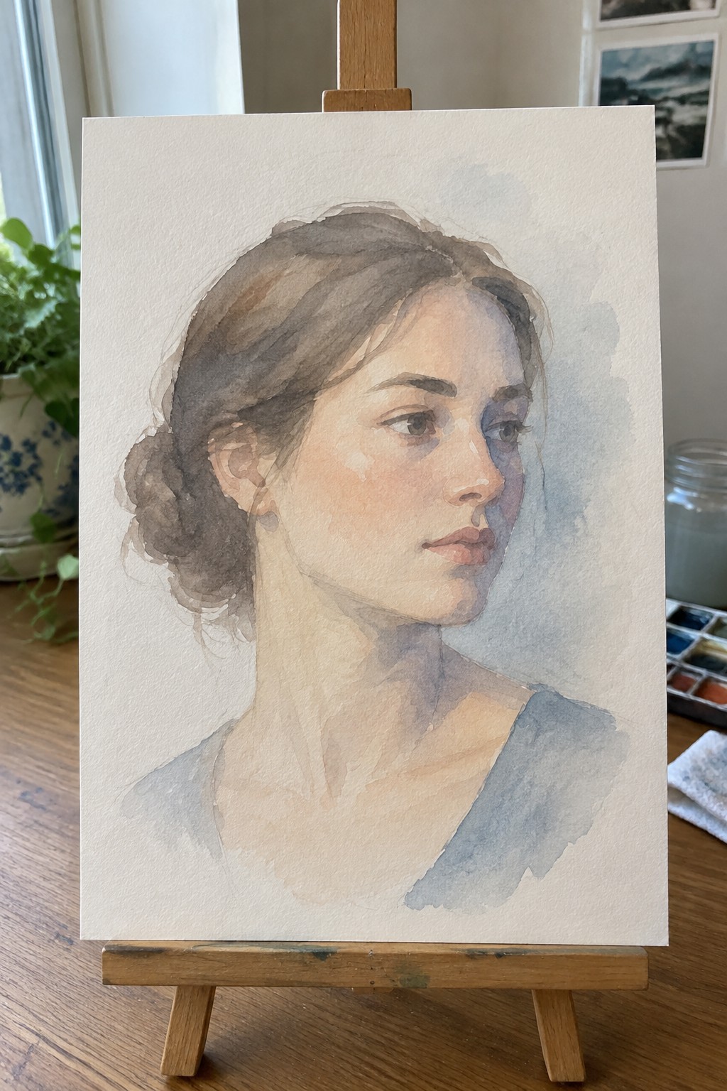 Watercolor portrait of a woman with brown hair on a wooden easel in studio
