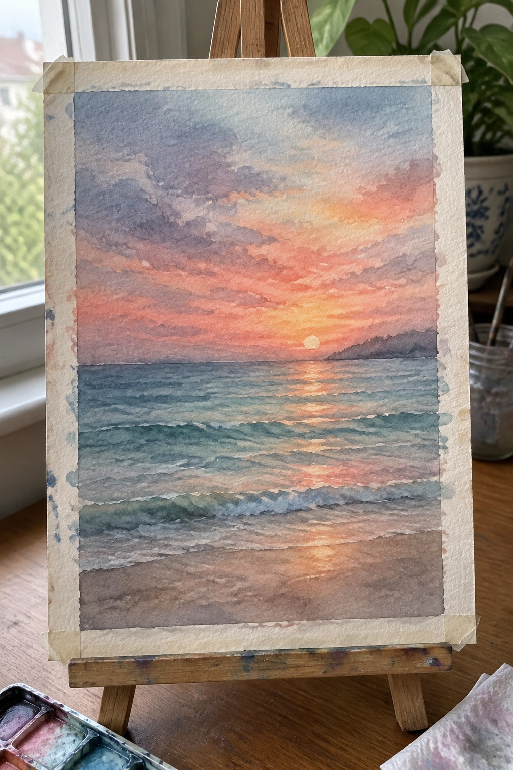 Watercolor painting of a sunset over the ocean with blended sky colors, reflective waves, and a sandy foreground on an easel.