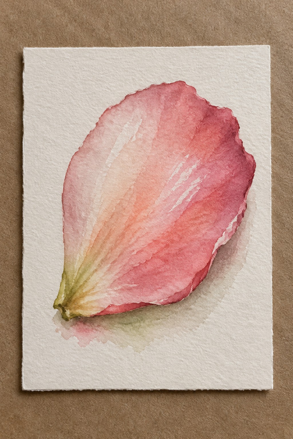 A watercolor painting of a single pink flower petal on white paper, showing soft color gradients from green-yellow at the base to deeper pink at the edges with some white highlights.