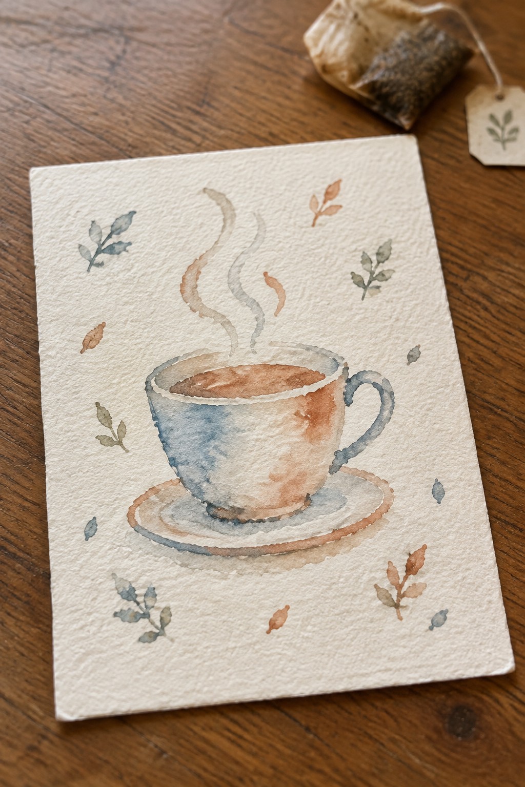 Watercolor of steaming teacup on saucer with scattered leaves on wood table