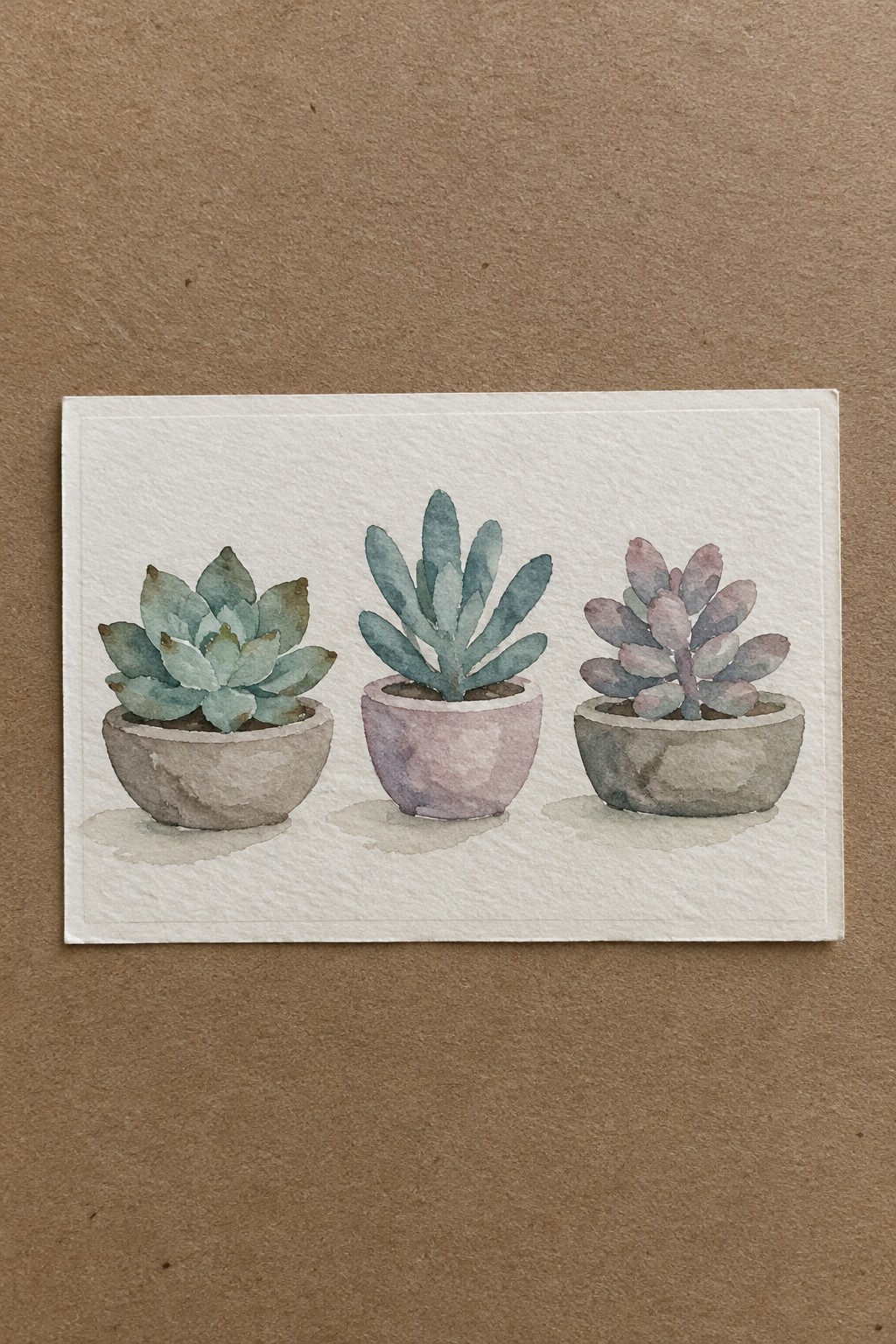 Three watercolor succulents in pastel pots on textured white paper over brown surface