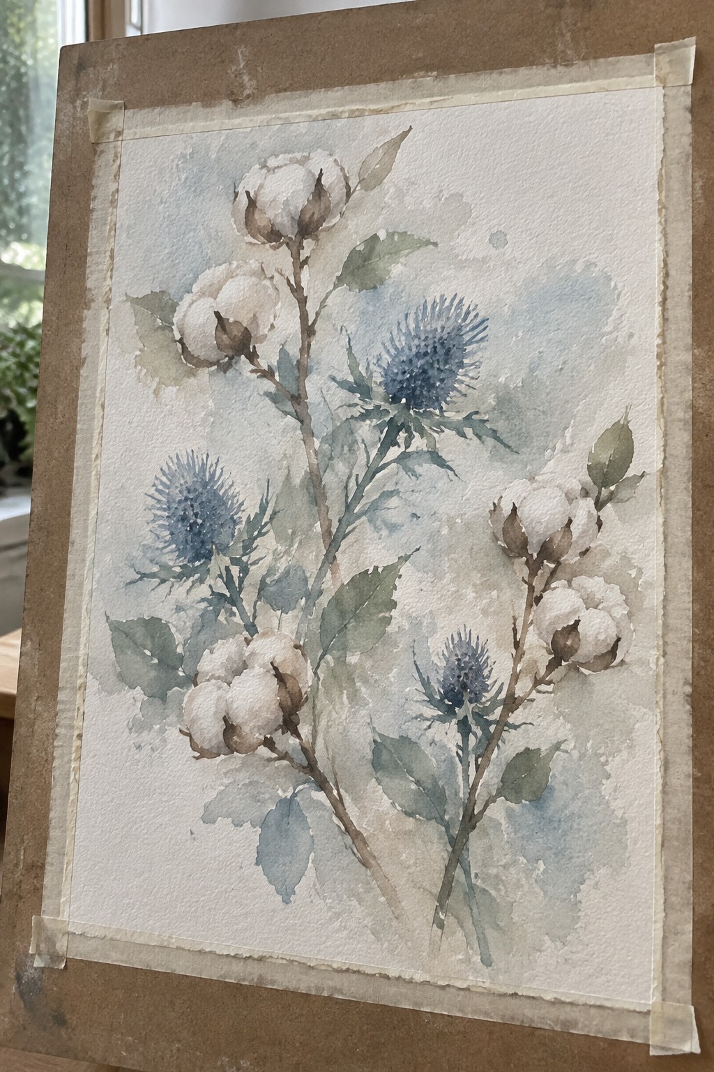 Watercolor painting of white cotton bolls and blue thistle flowers with green leaves